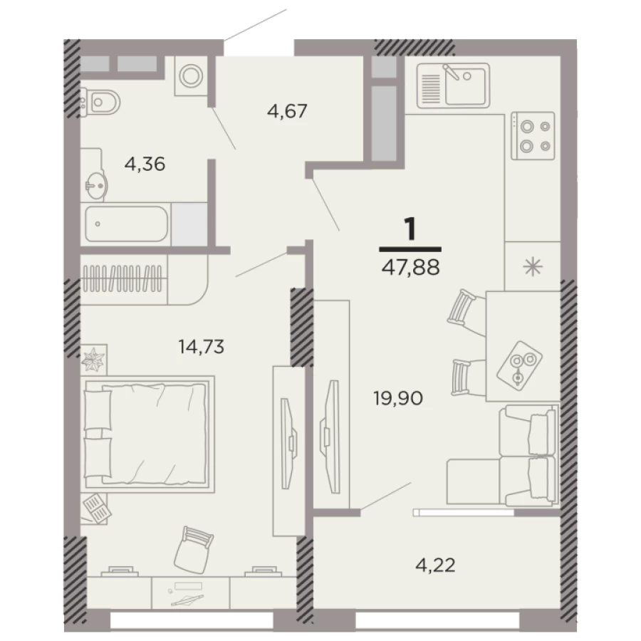 1-ая квартира 47,88 м2 в шаговой доступности парк и набережная